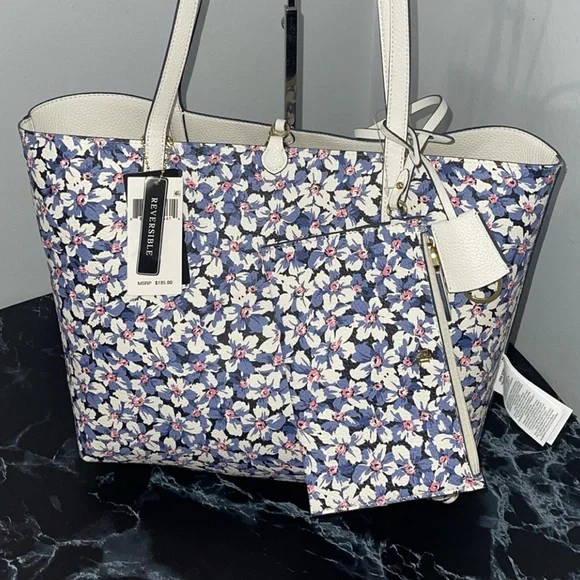LAUREN RALPH LAUREN Bag Leather Print Tote Purple Vanilla/Breeze Floral w Pouch - Picture 7 of 14
